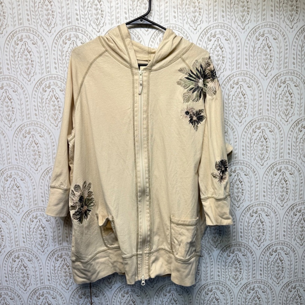 Avenue Zip Hoodie Women 26/28 Cream Floral Embroidered Cotton Classic Sweatshirt